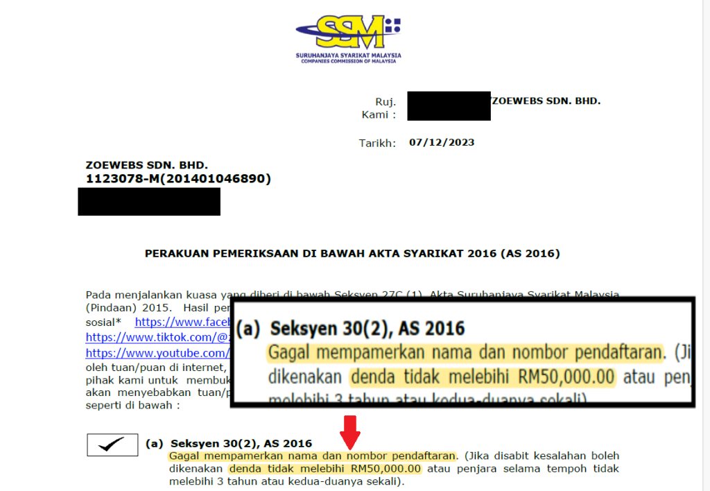 We almost got fined RM50,000 - The SSM Nombor Alert - A Lesson Learned
