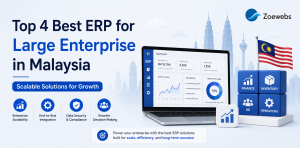 Illustration of a modern enterprise ERP system for large businesses in Malaysia, featuring connected business dashboards, cloud-based data management, analytics charts, and digital workflow icons. The banner highlights scalable ERP solutions for enterprise resource planning, with the official Zoewebs logo displayed in the upper-right corner against a clean blue-and-white technology-themed background.